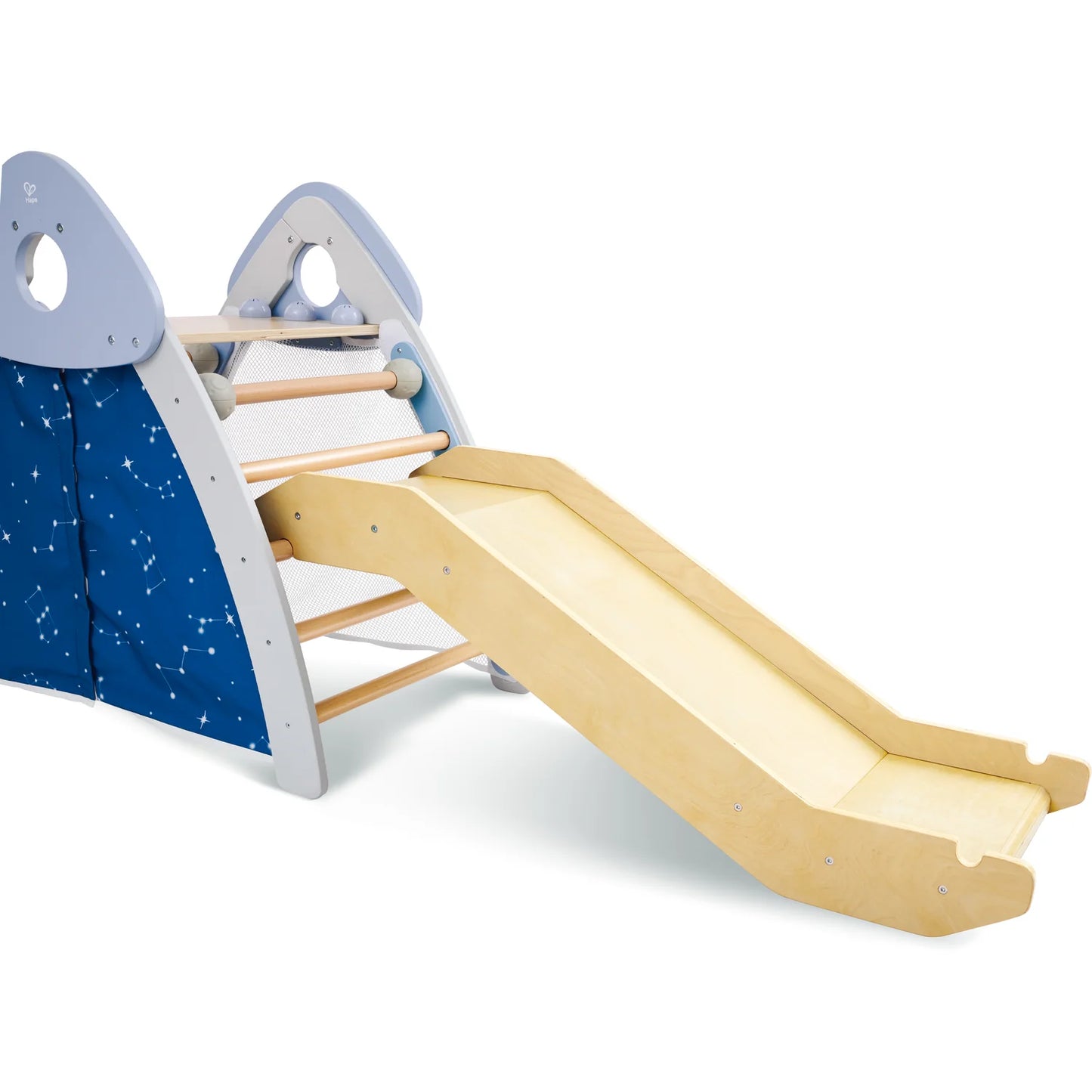Children's play structure with blue climbing wall and wooden slide on a white background