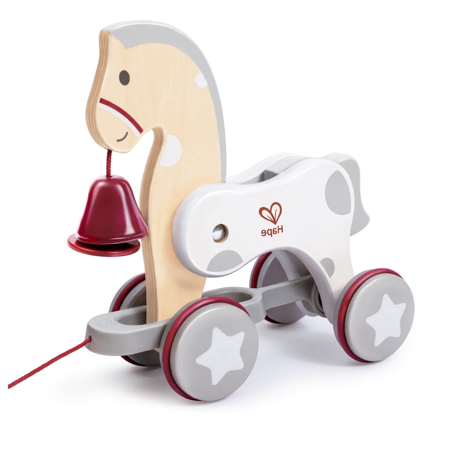 A wooden pull-along toy in the shape of a pony with non-toxic finishes, featuring rubber wheels and a bell on the pony's neck.