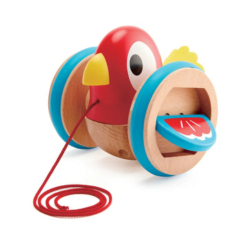 A colorful wooden pull-along toy shaped like a bird with wings and a tail, on a red string.