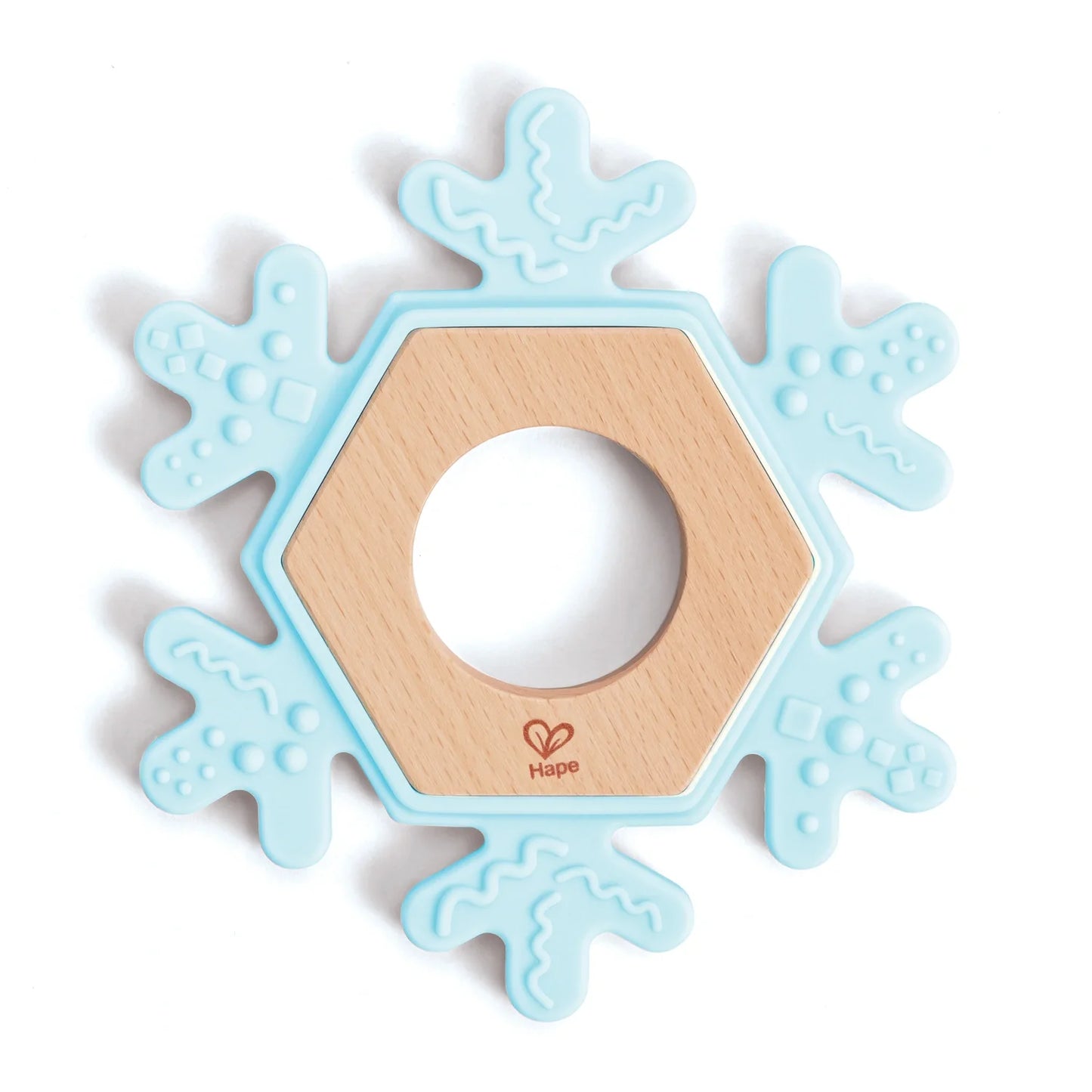 A blue silicone teether designed in the shape of a snowflake with a wooden center.