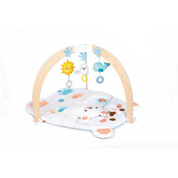 A colorful baby activity gym featuring hanging toys and a bear-themed mat, designed for infant sensory development and tummy time.