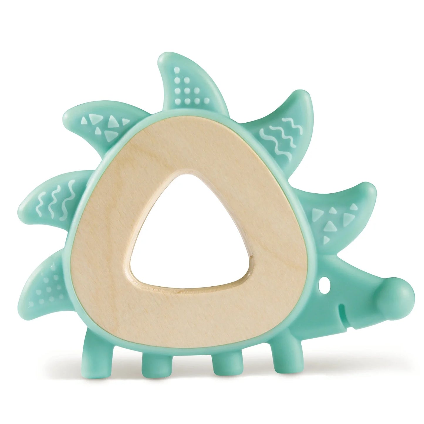 A wooden teether toy shaped like a hedgehog with soft silicone teether spikes in blue color.