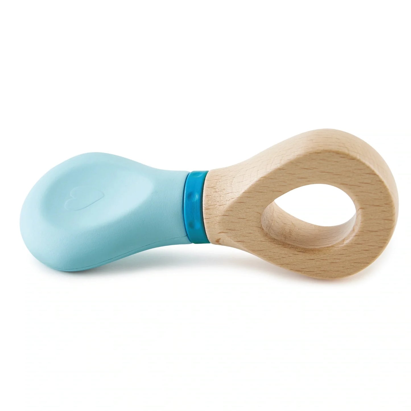 A wooden rattle with a blue handle and a natural wood color grip, designed for young children.