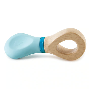 A wooden rattle with a blue handle and a natural wood color grip, designed for young children.