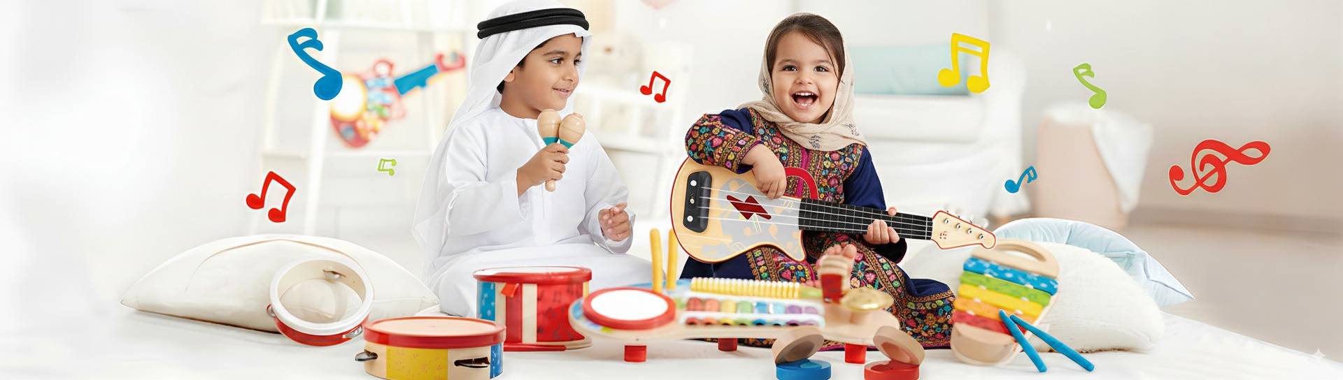 Two children playing musical instruments on a white couch with colorful music notes in the background.