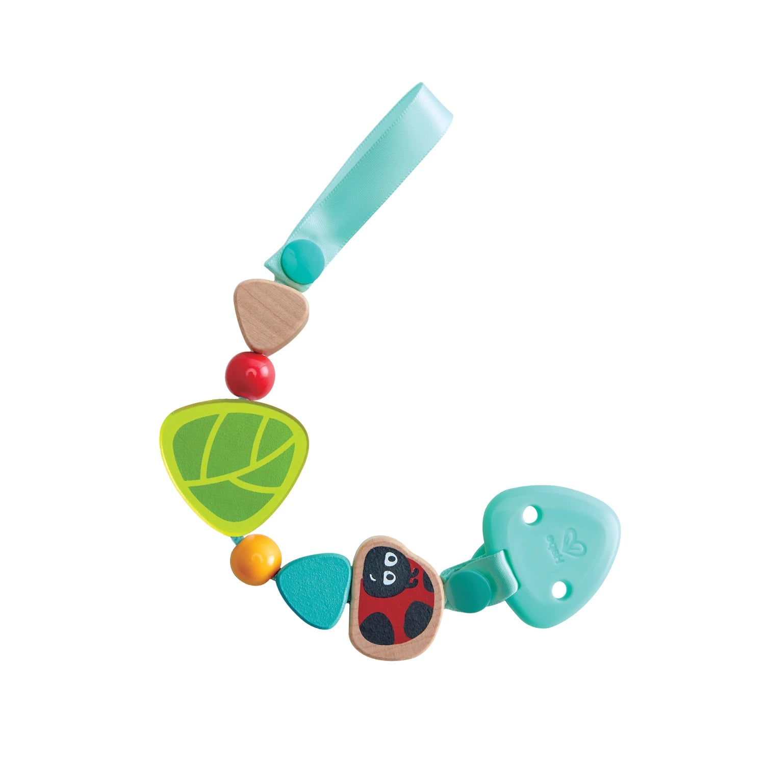 Colorful baby teething toy with ladybug design on a white background