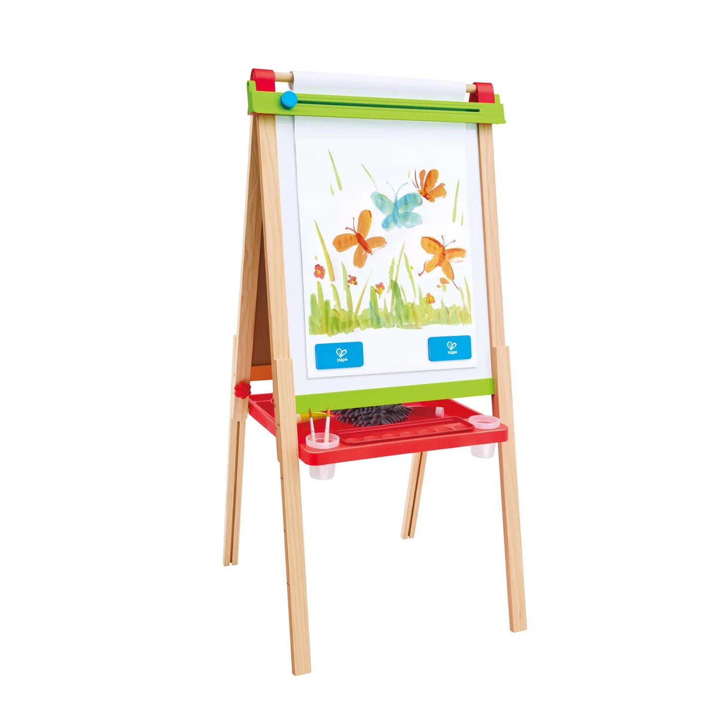 Children's art easel with white board and paint tray on a white background