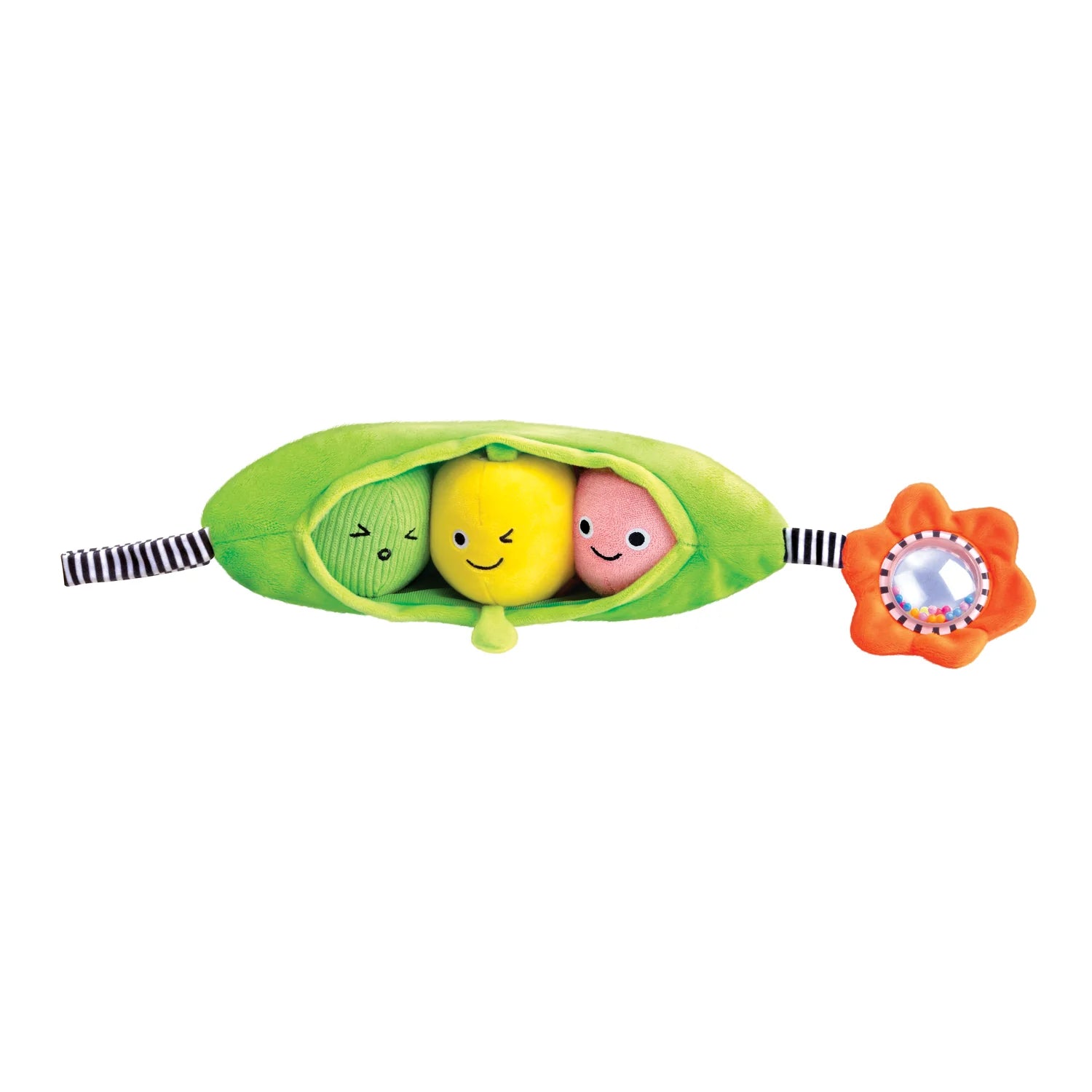Toy set with three characters in a green pod and an orange flower on a white background