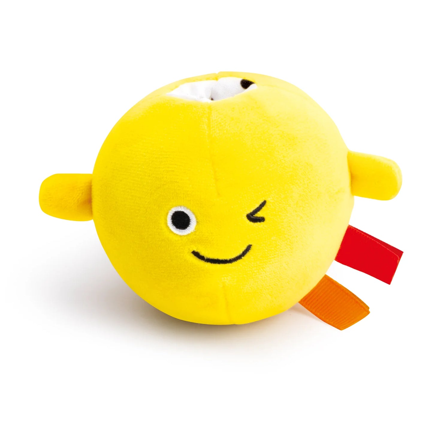 Yellow plush toy with a smiling face on a white background