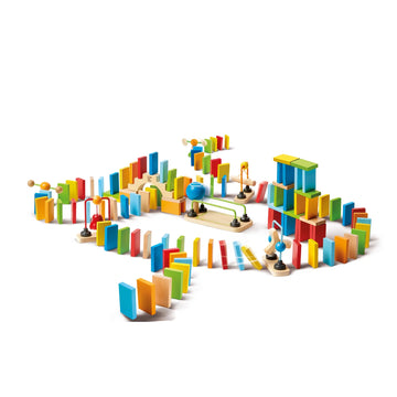Colorful wooden domino set on a white background