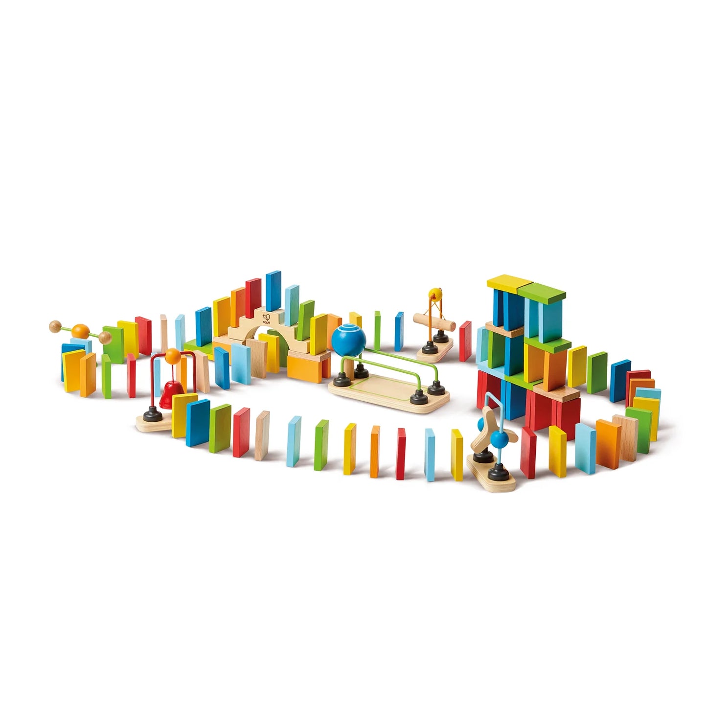 Colorful wooden marble run set on a white background