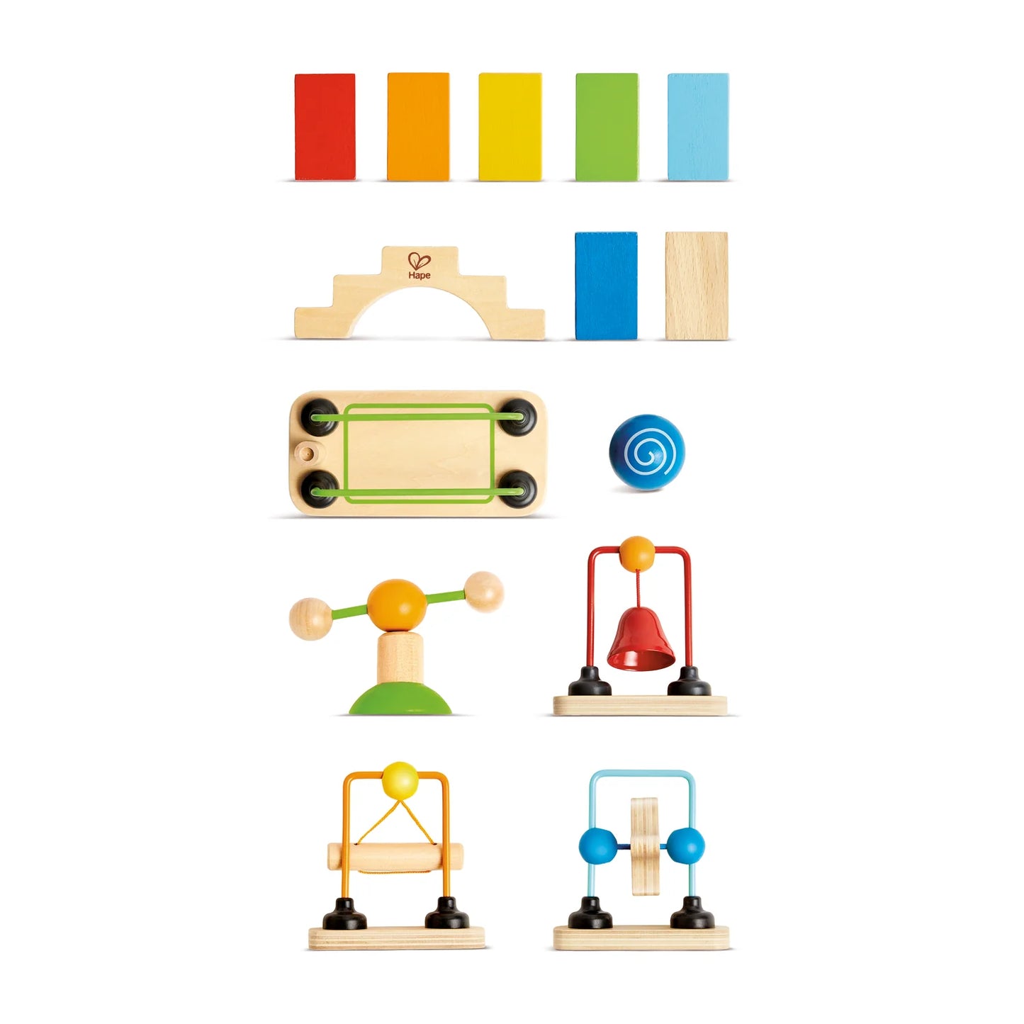 Set of colorful wooden toys on a white background