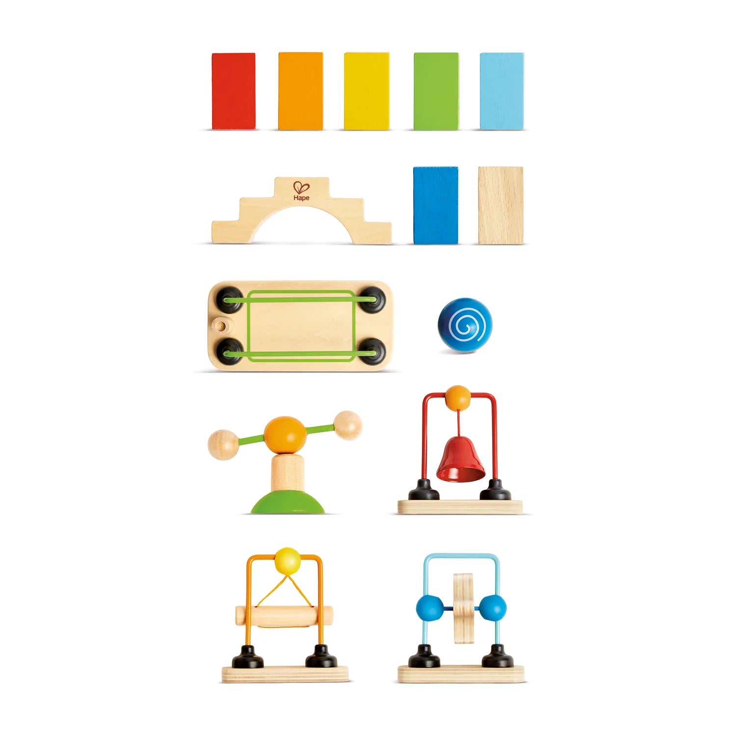 Set of colorful wooden toys on a white background