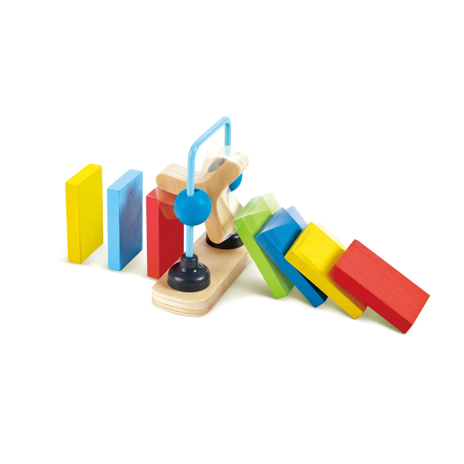 Colorful wooden toy with a pulley system on a white background