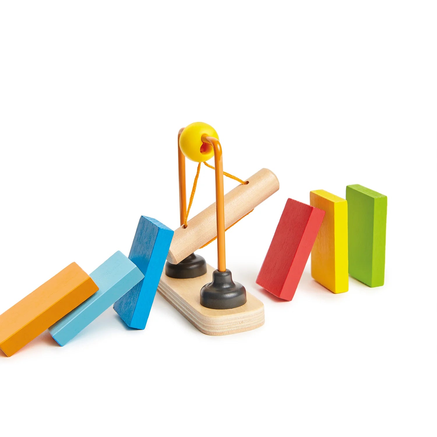 Colorful wooden toy with a seesaw-like structure on a white background