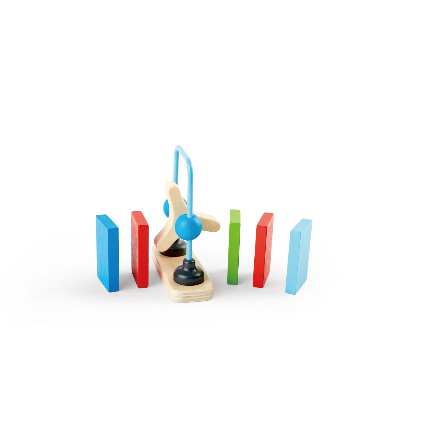 Wooden toy with colorful dominos on a white background