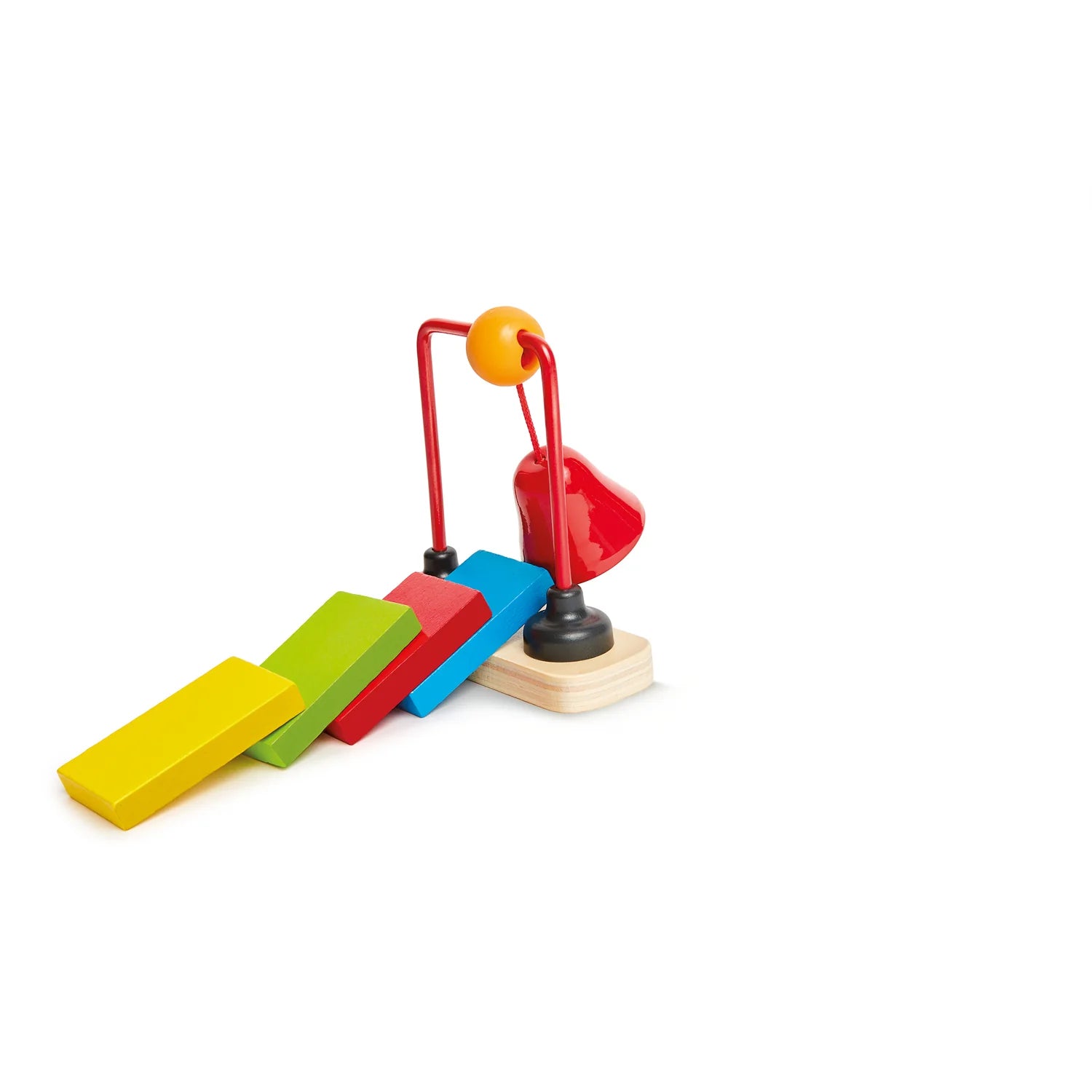 Colorful toy with a red lever and yellow ball on a white background