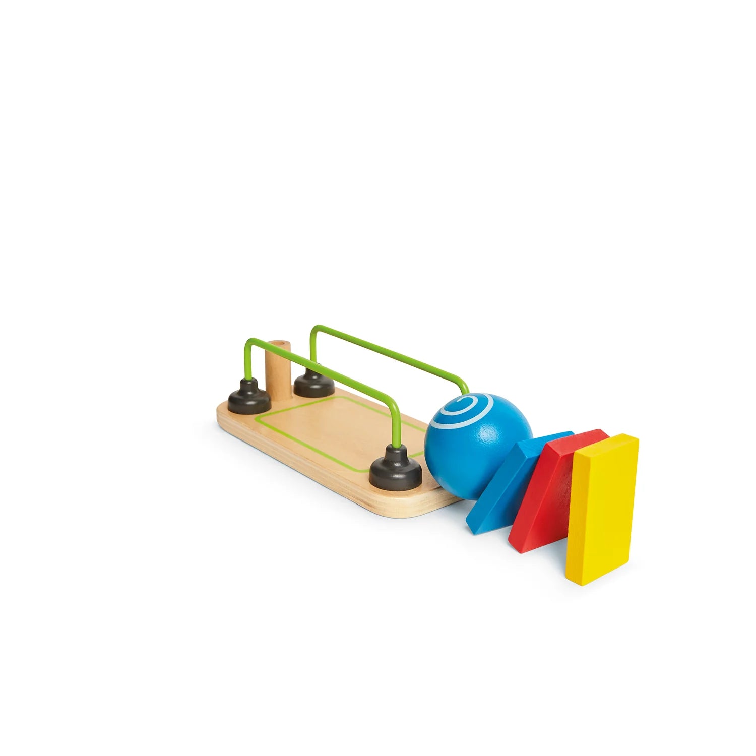 Colorful toy marble run with a blue ball on a white background
