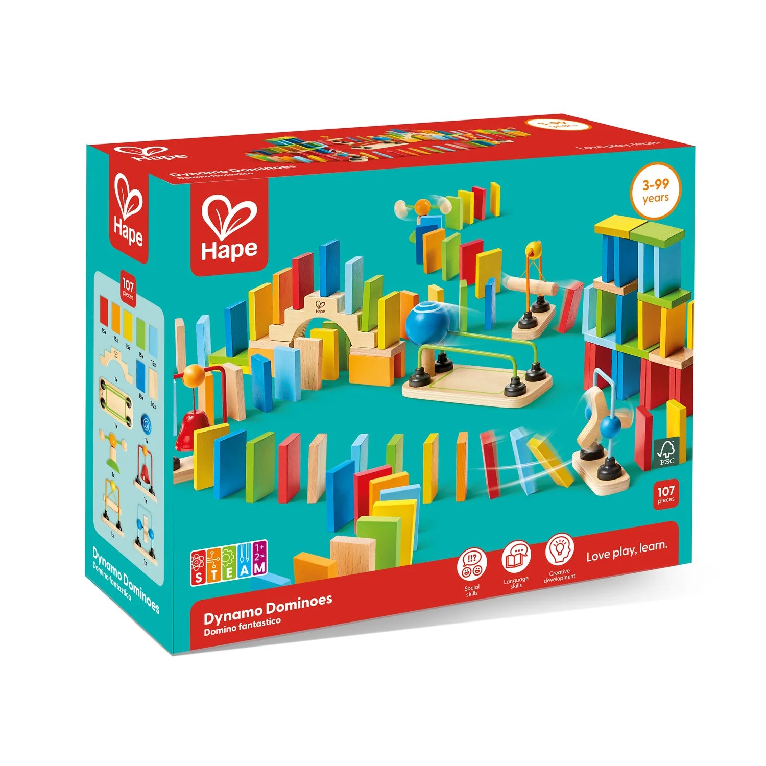 Hape Dynamo Dominoes toy set packaging on a white background