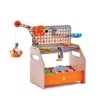 Children's toy workshop with various tools and components on a white background
