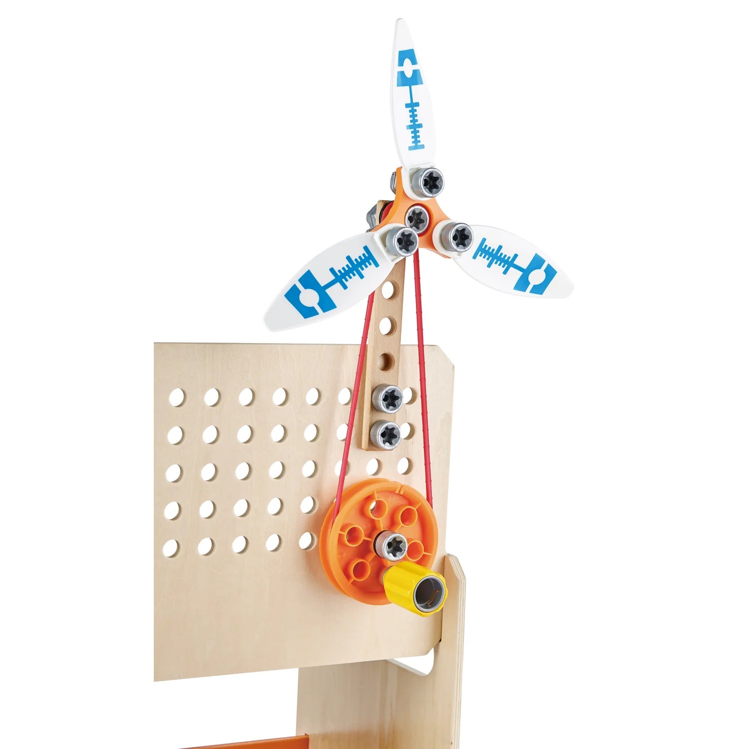 Model airplane wing with propeller attached to a wooden stand on a white background