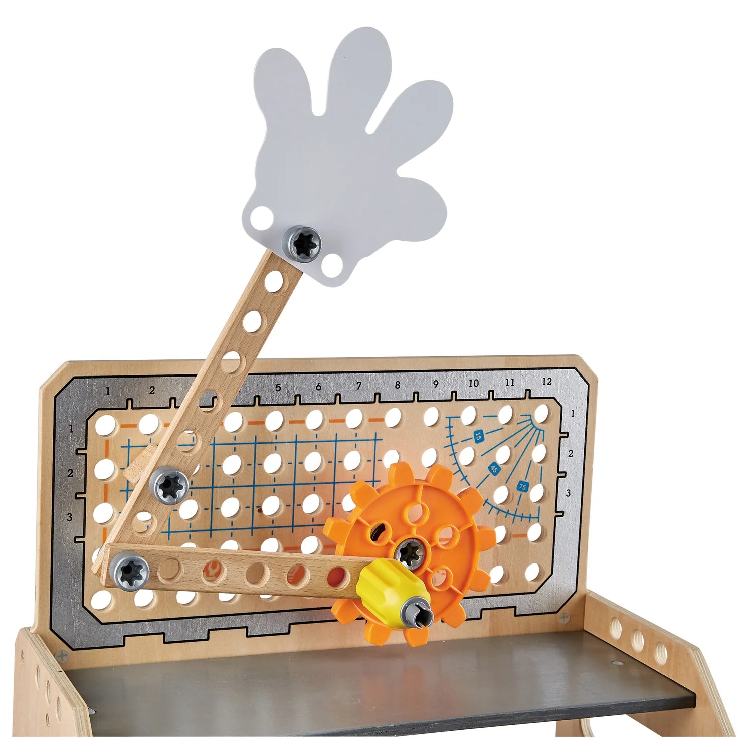 Educational toy with gears and a hand-shaped component on a white background