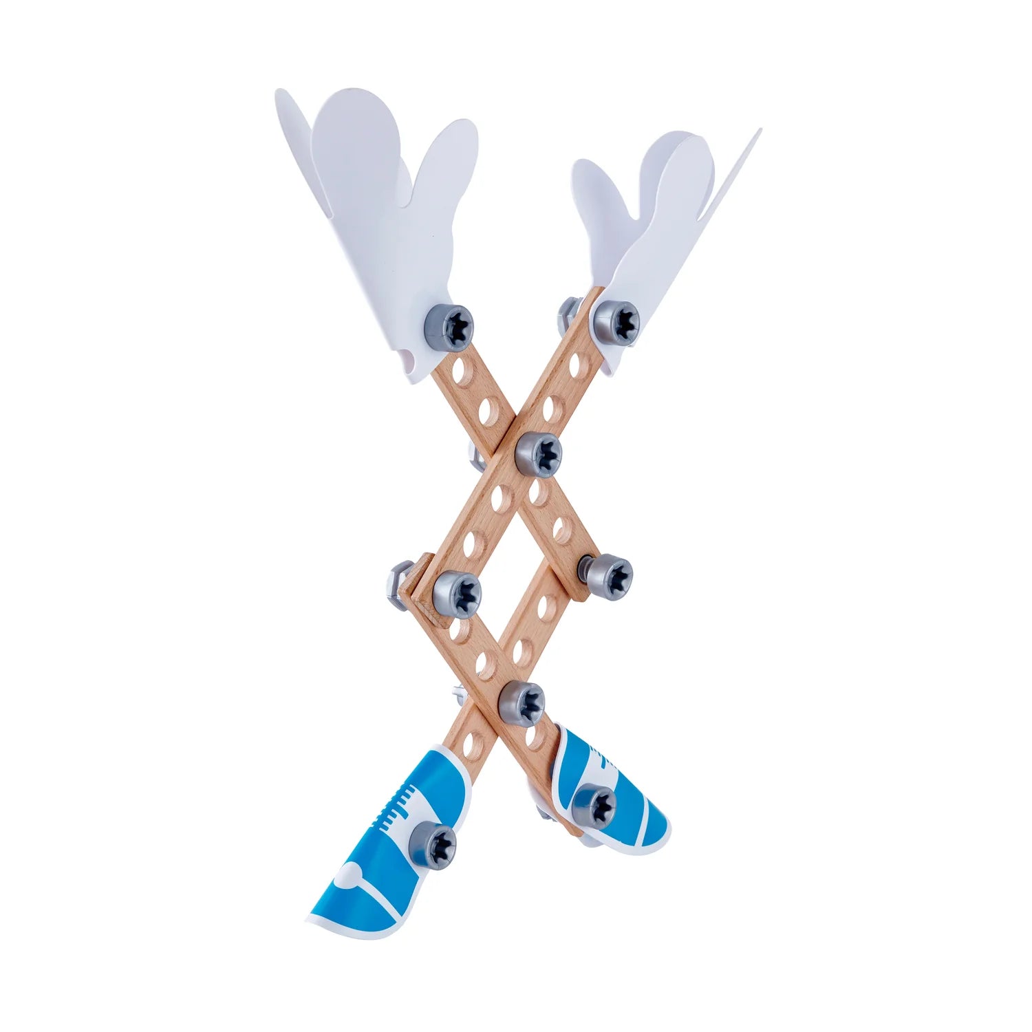 Toy reindeer with white antlers and blue body on a white background