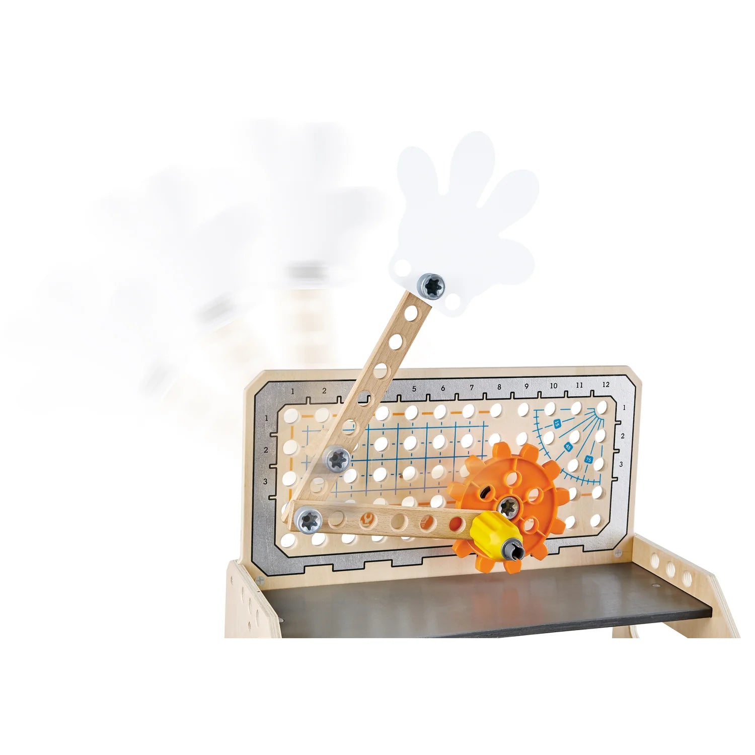 Educational toy with gears and a light bulb on a white background