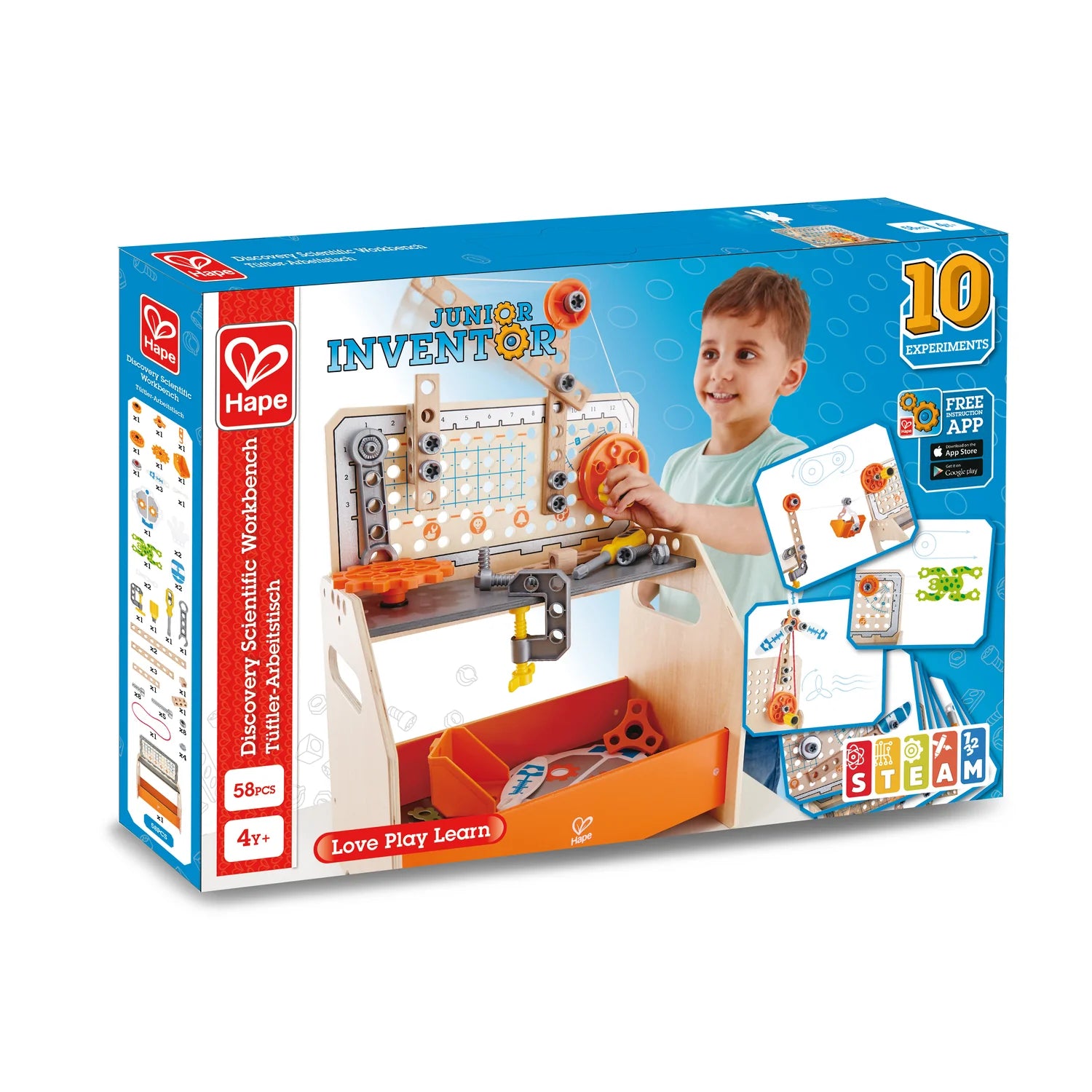 Hape Junior Inventor toy set packaging with a child playing with the set.