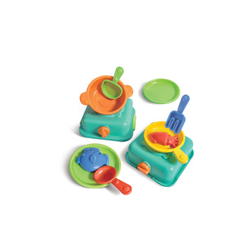 Colorful toy kitchen set on a white background