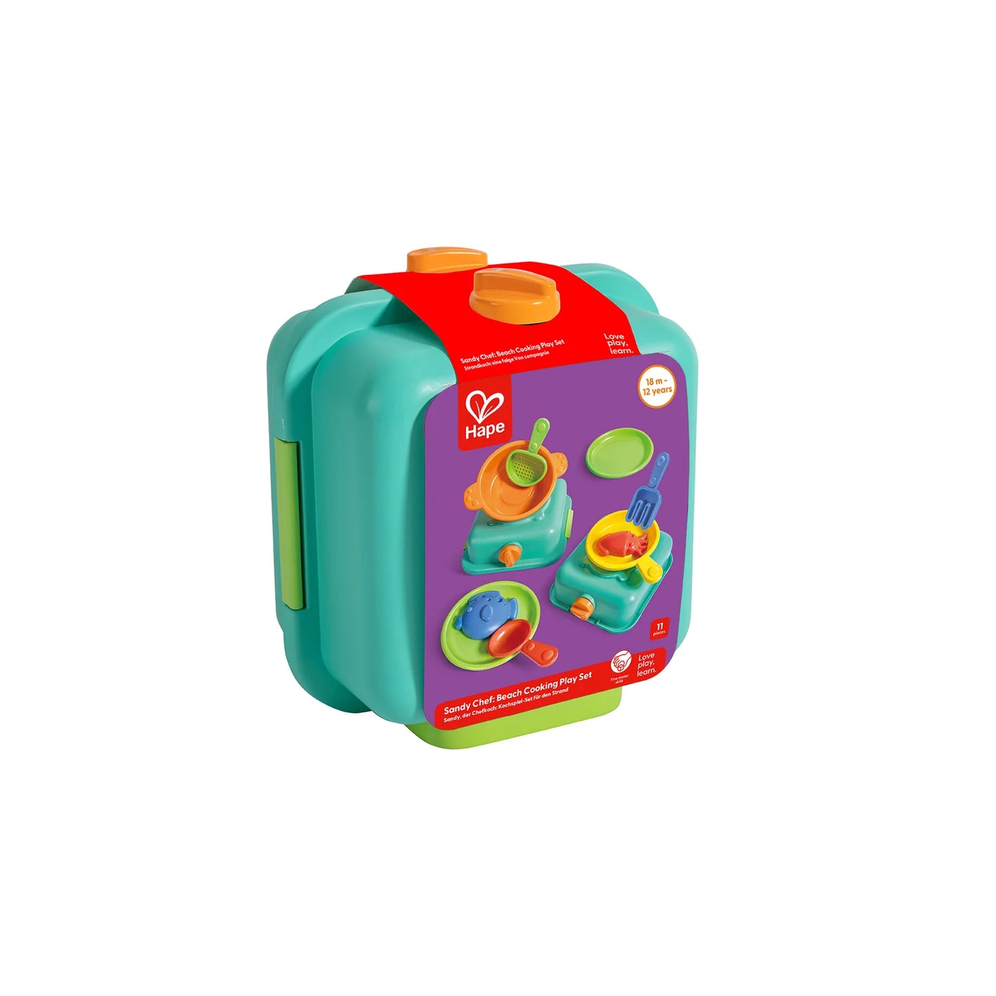 Colorful toy set packaging with Hape logo on a white background