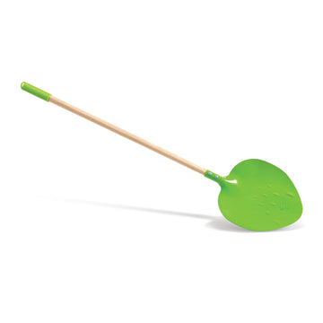 Green leaf-shaped tool with a wooden handle on a white background