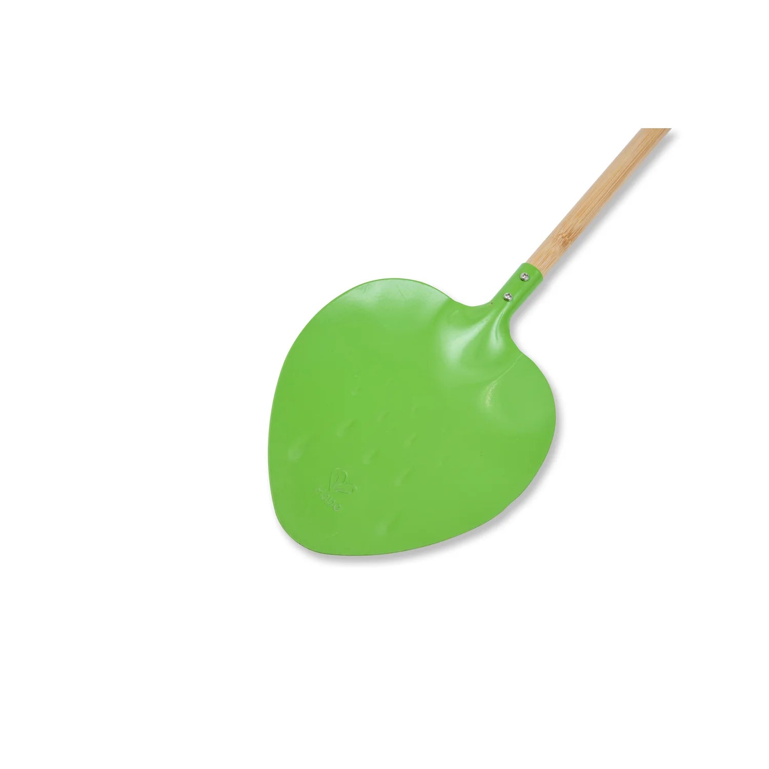 Green shovel with wooden handle on a white background