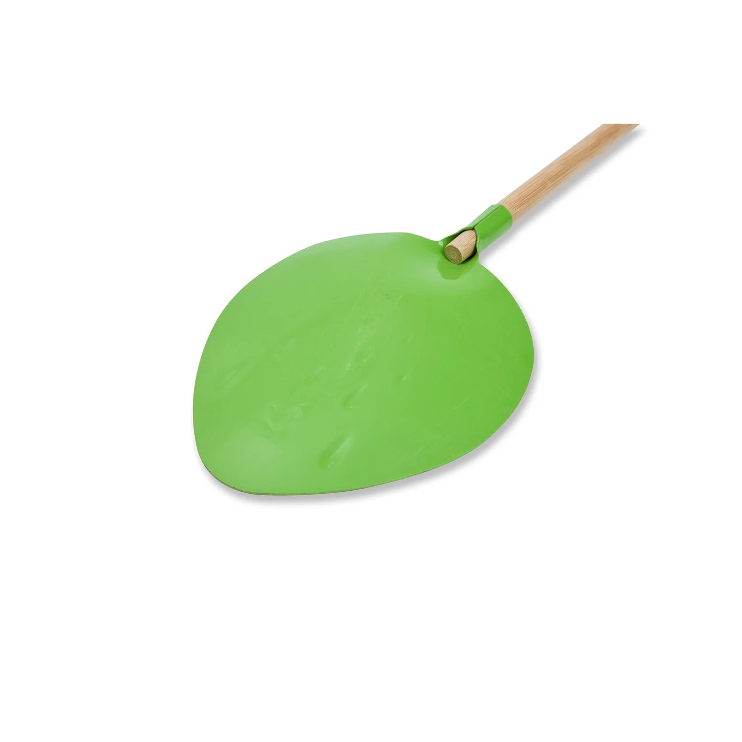 Green pizza peel with wooden handle on a white background