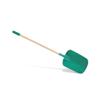 Green shovel with wooden handle on a white background