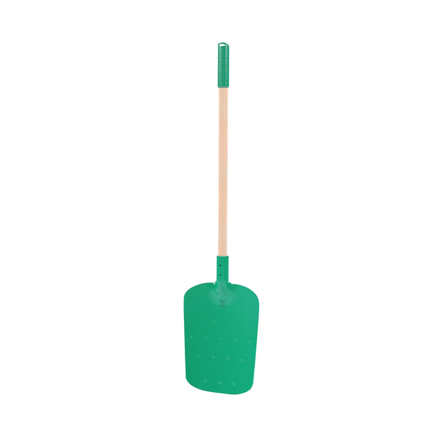 Green garden tool with wooden handle on a white background