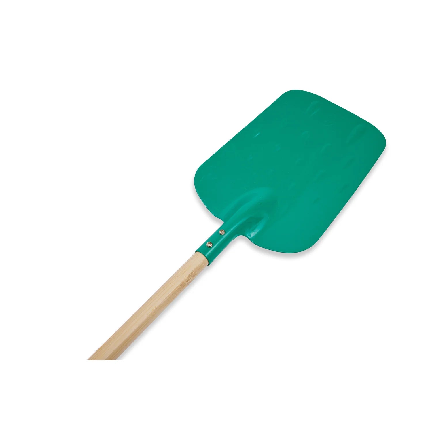 Green shovel with wooden handle on a white background