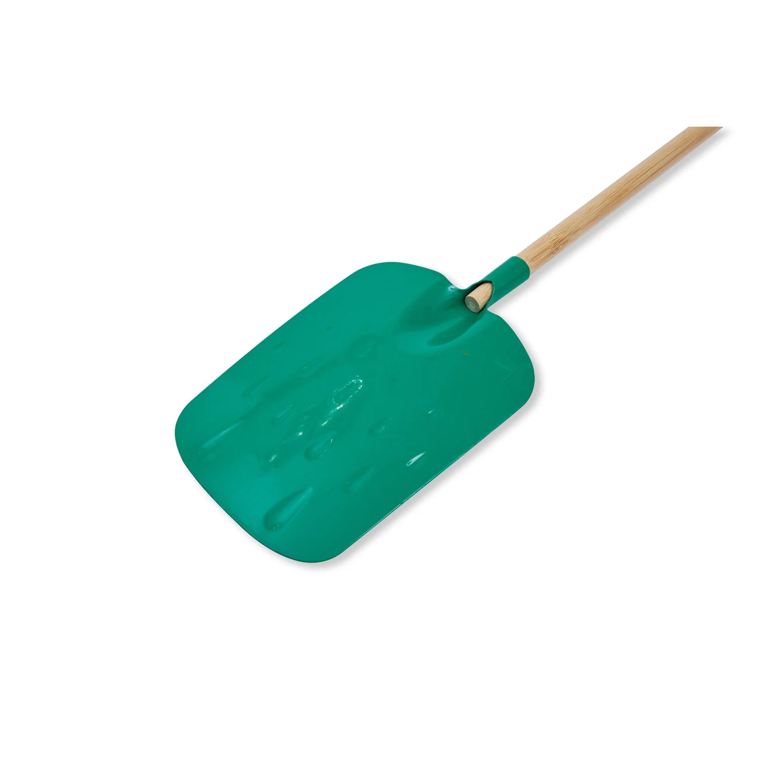 Green snow shovel with wooden handle on a white background