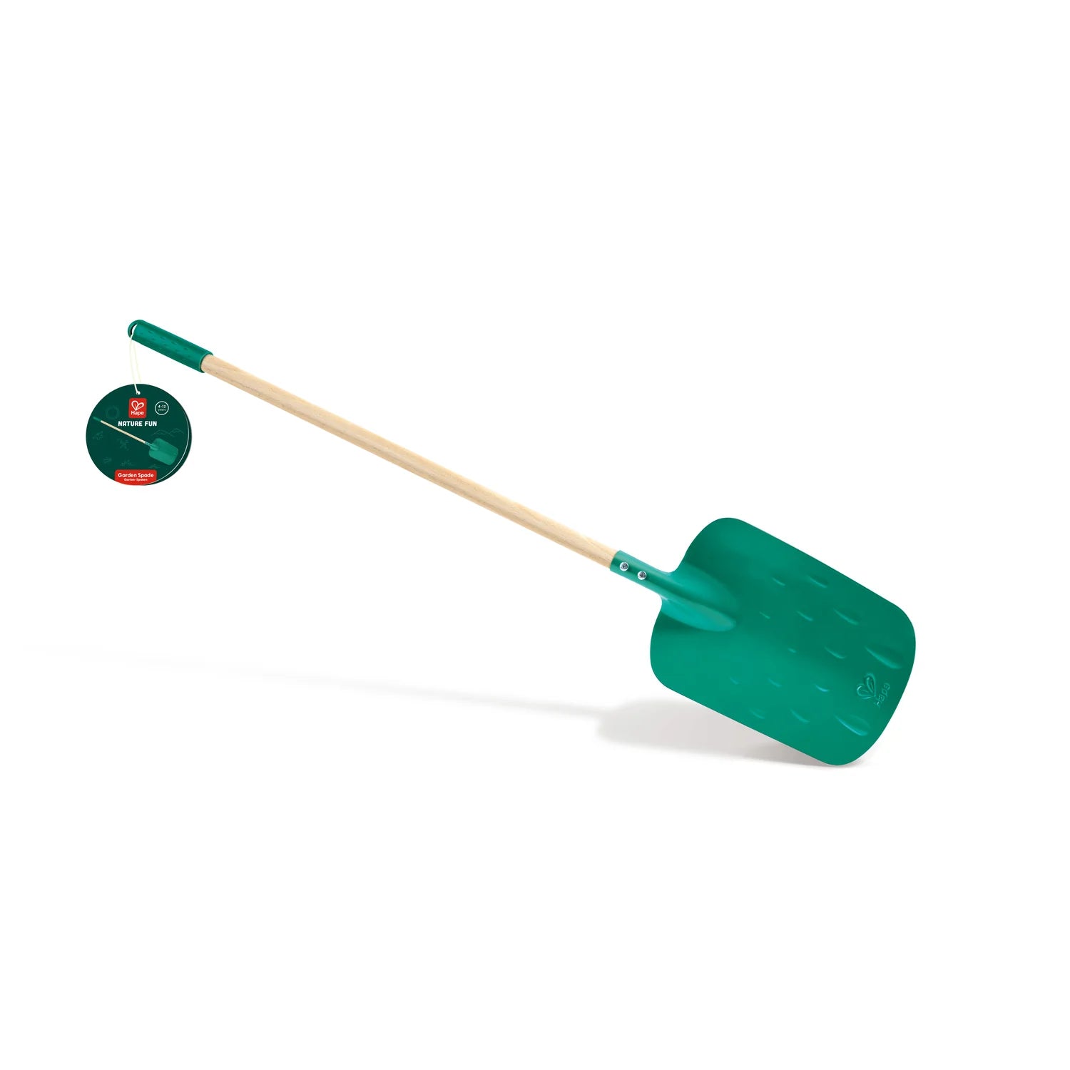 Green shovel with wooden handle on a white background