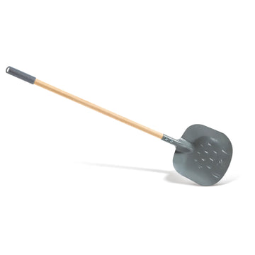 Gray garden hoe with wooden handle on a white background