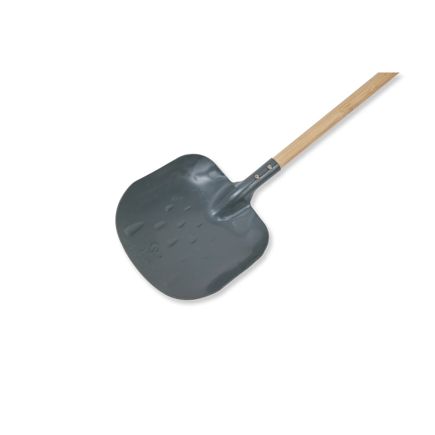Gray snow shovel with a wooden handle on a white background