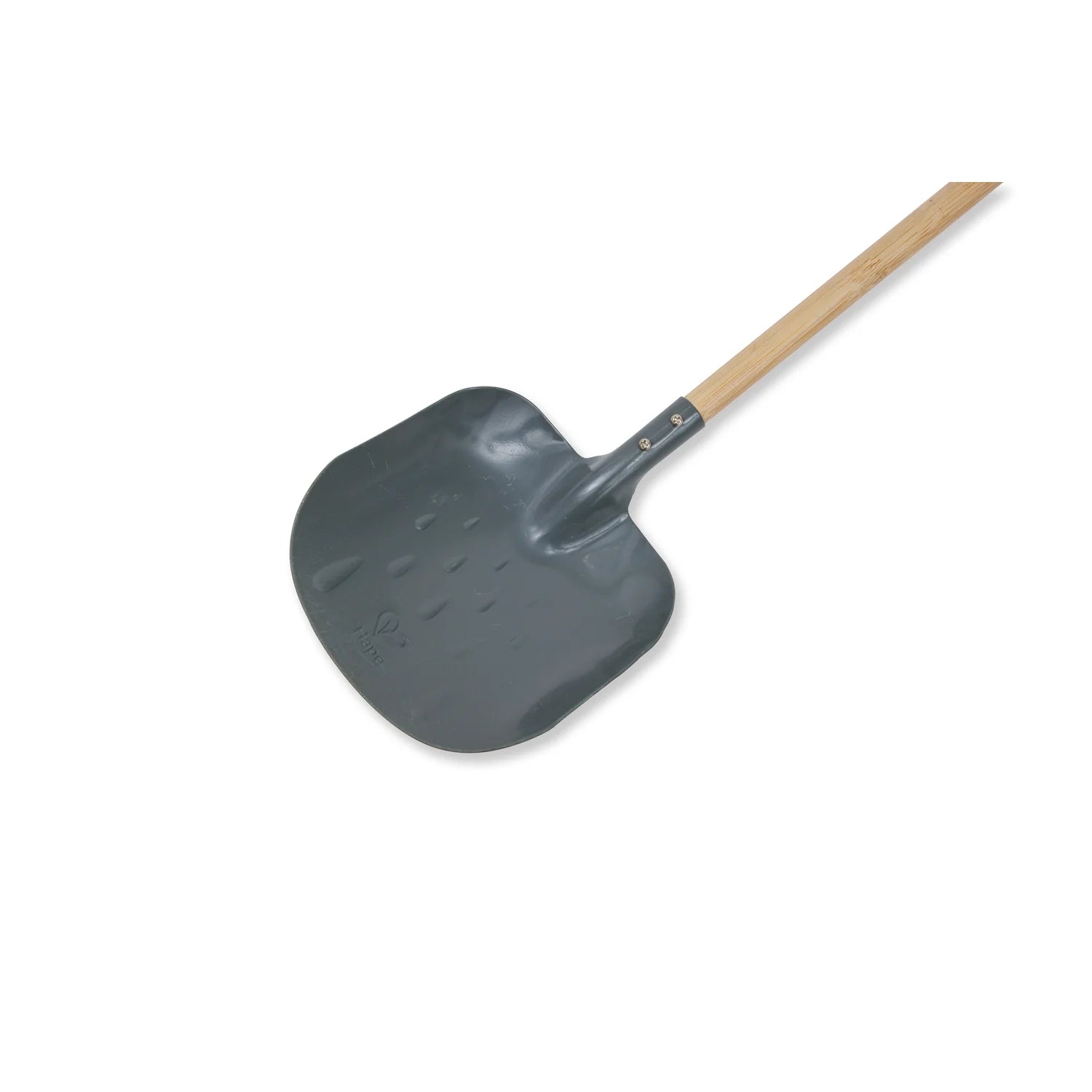 Gray snow shovel with a wooden handle on a white background