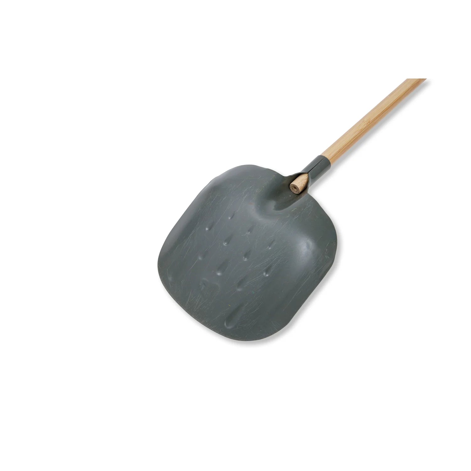 Gray snow shovel with a wooden handle on a white background