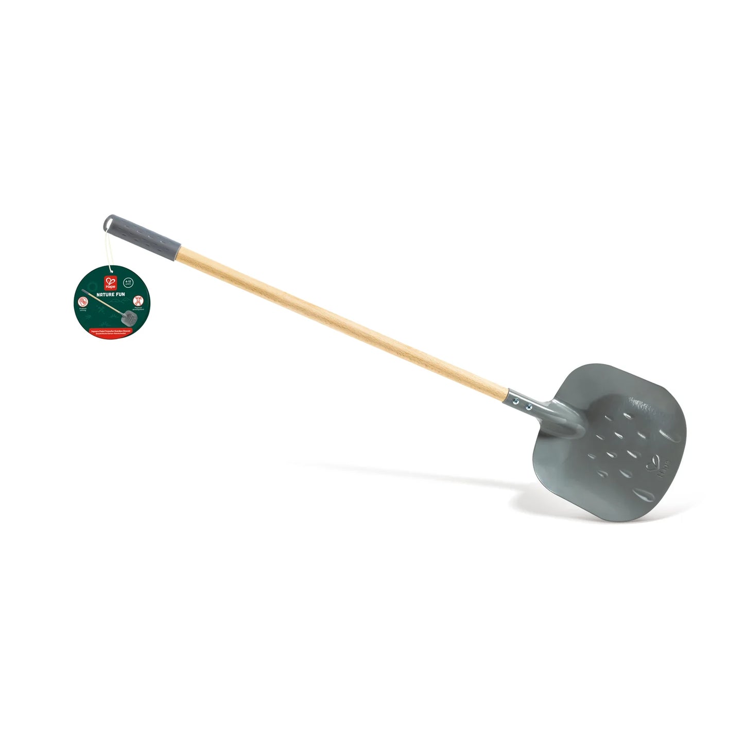 Gray garden shovel with wooden handle on a white background