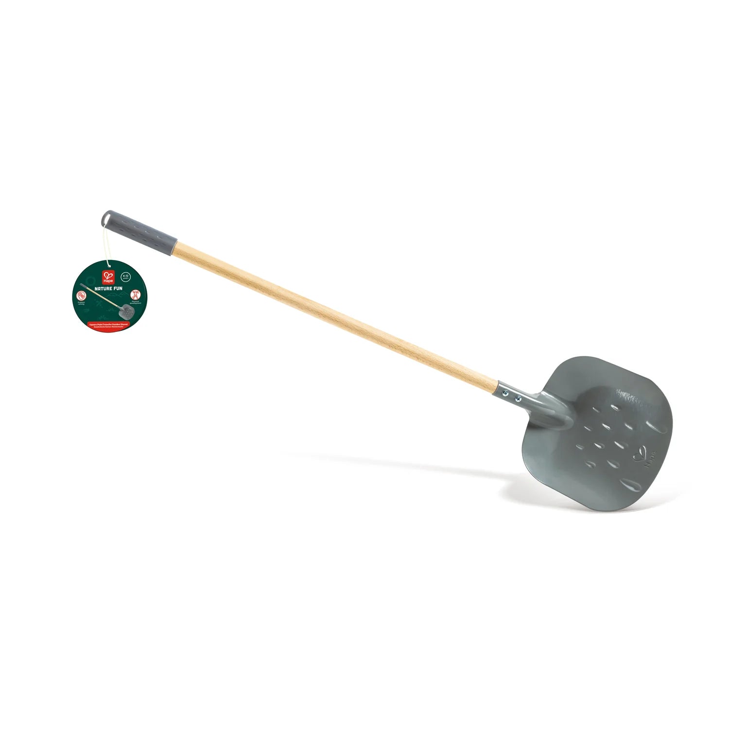 Gray garden shovel with wooden handle on a white background