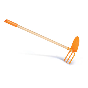 Garden fork with orange head and wooden handle on a white background
