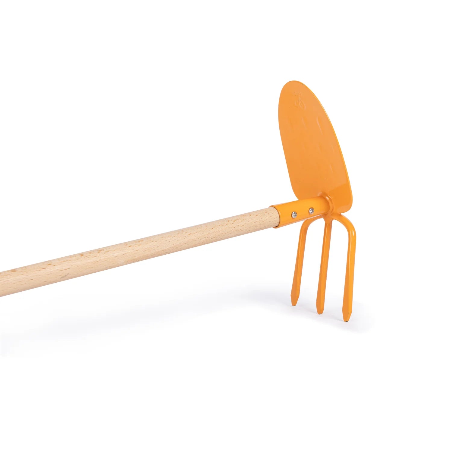 Orange garden tool with wooden handle on a white background