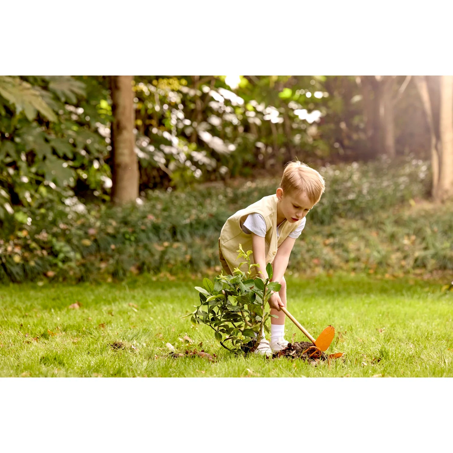 Child planting a tree in a garden with greenery in the background