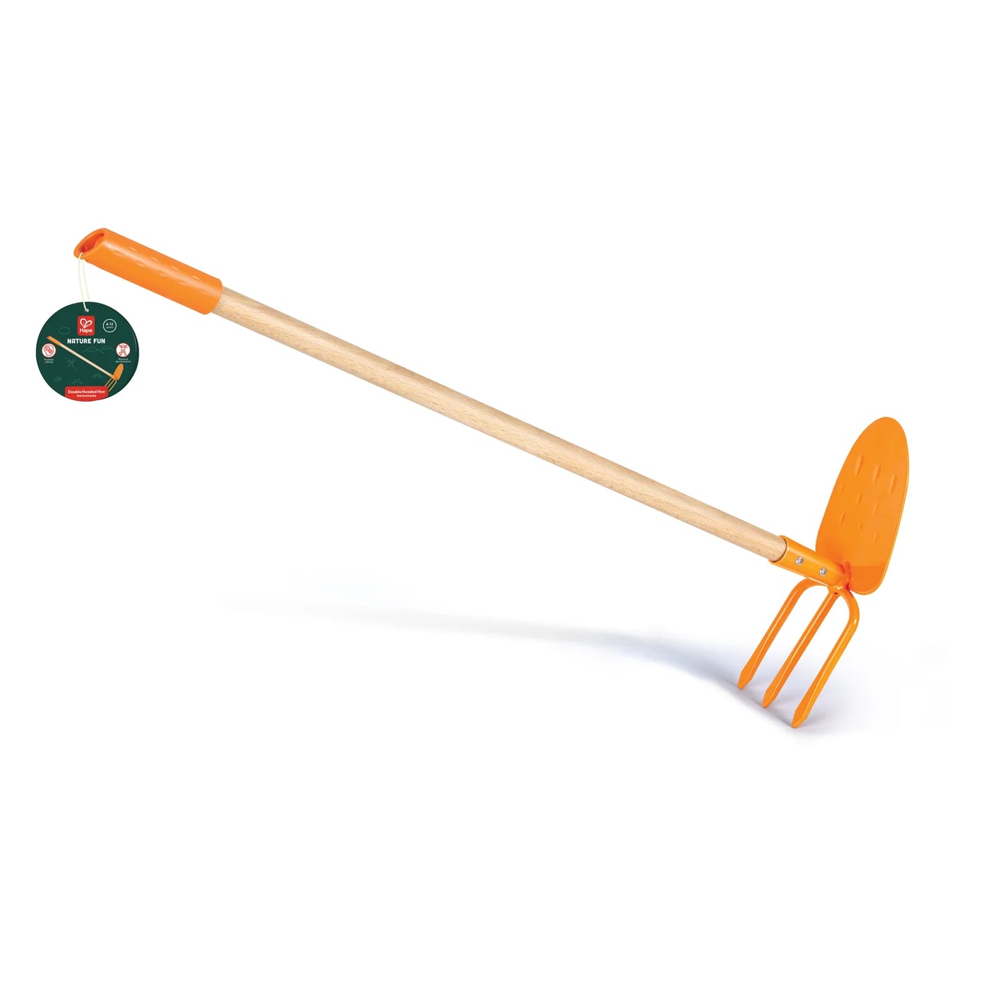 Gardening tool with orange head and wooden handle on a white background