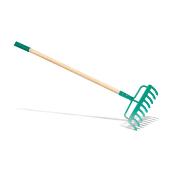 Teal garden rake with wooden handle on a white background